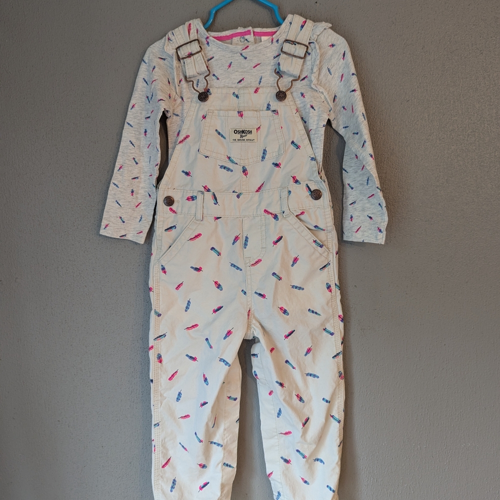 OshKosh B'gosh Cream Kids Overalls with Multicolor Feather Print 24 M